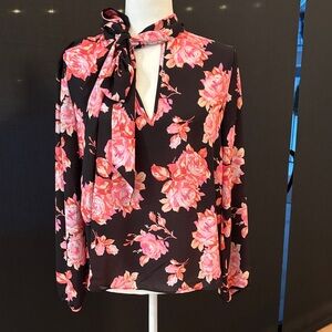JCREW Floral Black and Pink Women's Top- tie collar - style how you want! Size M